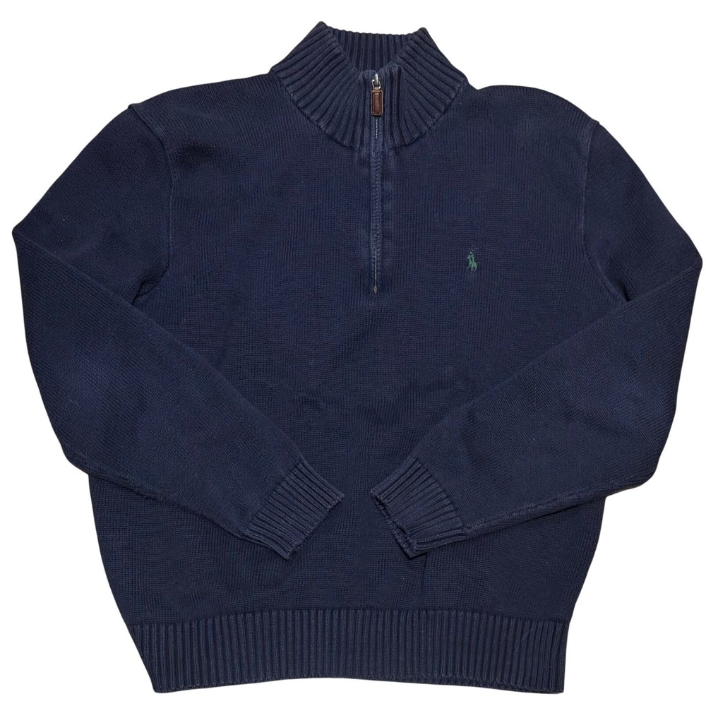 Polo Ralph Lauren Men's Navy Blue Cotton Quarter Zip Sweater Leather Pull Sz L